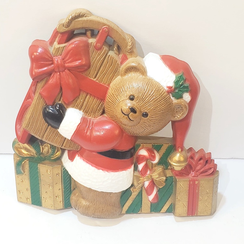 Vtg Burwood Homco Plastic Christmas Santa Teddy Bear Plaque 3286-2A USA  6 inch